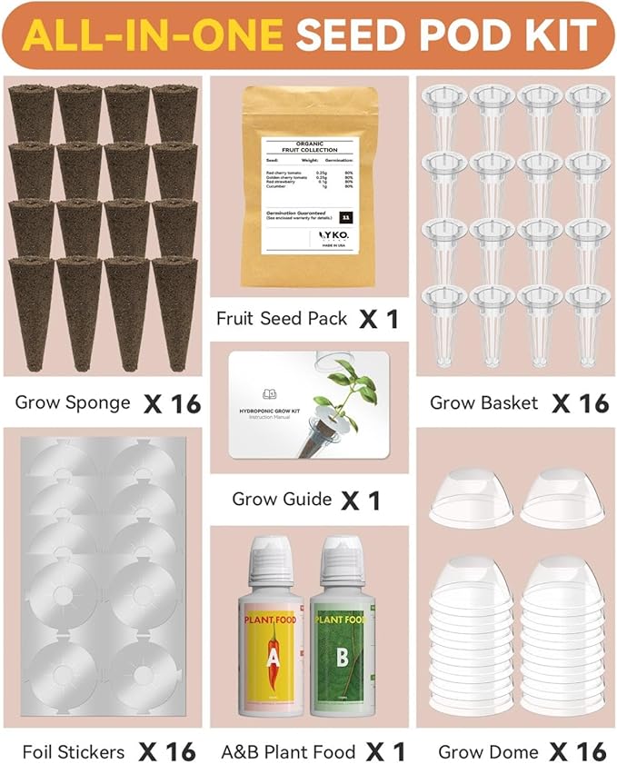 LYKOCLEAN Fruits Seed Pod Kit for AeroGarden, Ahopegarden, iDoo, GARDENCUBE, MUFGA with Strawberry, Cucumber, Red/Golden Cherry Tomato, Compatible with All Indoor Hydroponics Growing System, 16-Pod