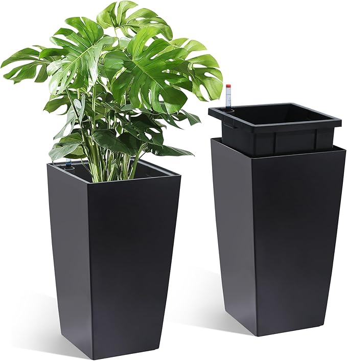 GarveeLife 16 in Tall Planters Set of 2, Outdoor&Indoor Black Planter Pots, High Front Porch Planter Pots with Drainage Holes&Water Level Monitor&Inner Bucket, Automatic Watering,Black