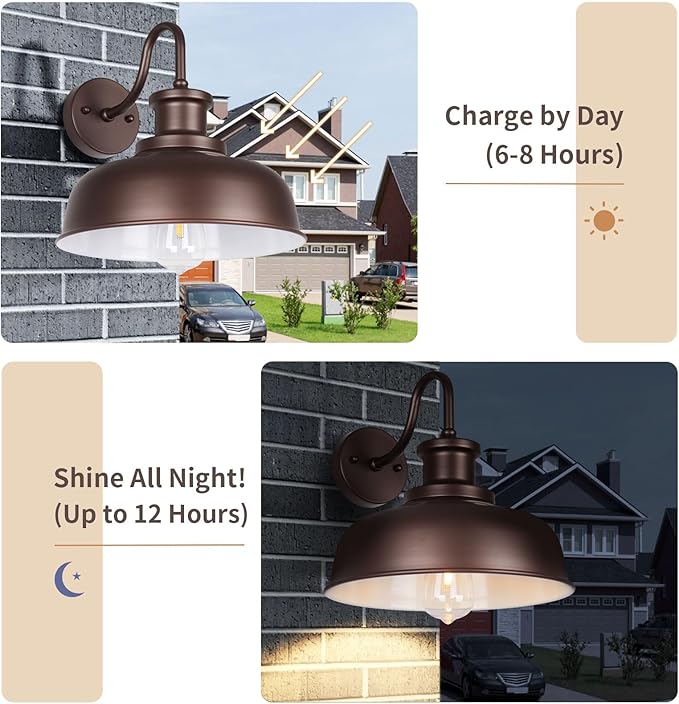 Solar Barn Light for Outside, Gooseneck Outdoor Wall Lights Solar Powered, Farmhouse Exterior Wall Sconce, Industrial Outside Lighting Fixture, Rustic Lantern for Garage, Barn, Shed,RZSR007-2 OW