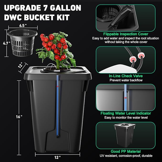 DWC Hydroponics Growing System with Top Drip Kit 7 Gallon Deep Water Culture Bucket System with Air Pump, Air Stone, Air Hose, Recirculating Drip Garden System