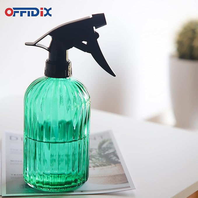 OFFIDIX Glass Spray Bottle, Fine Mist Plant Mister Handheld Pressure Spray Bottles,0.4L/13.5oz Watering Can with Adjustable Nozzle for Outdoor Indoor Gardening and Cleaning Work (Green)