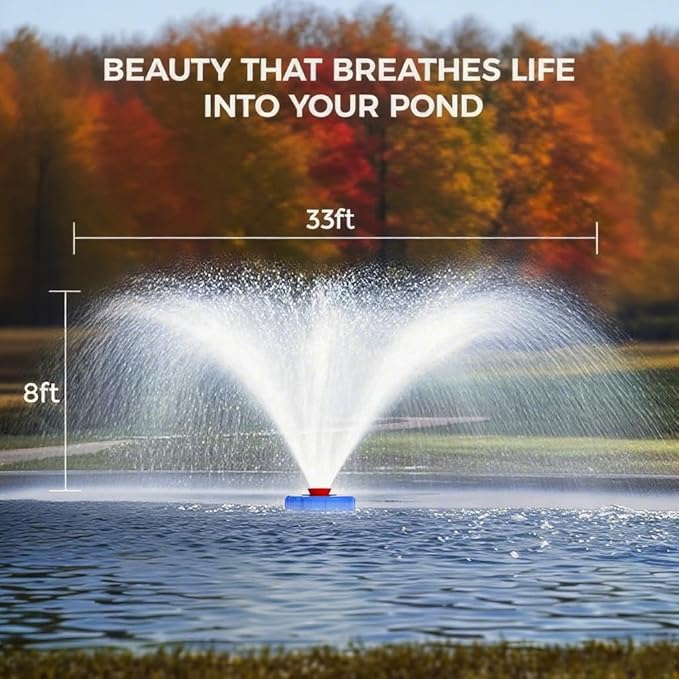 15000 GPH Pond Fountain Aerator - Fully Automatic 110V, 750W (1HP) Floating Fountain and Pond Aerator for Large and Small Outdoor Ponds and Lakes - Pond Fountain with 100 Feet Power Cord.