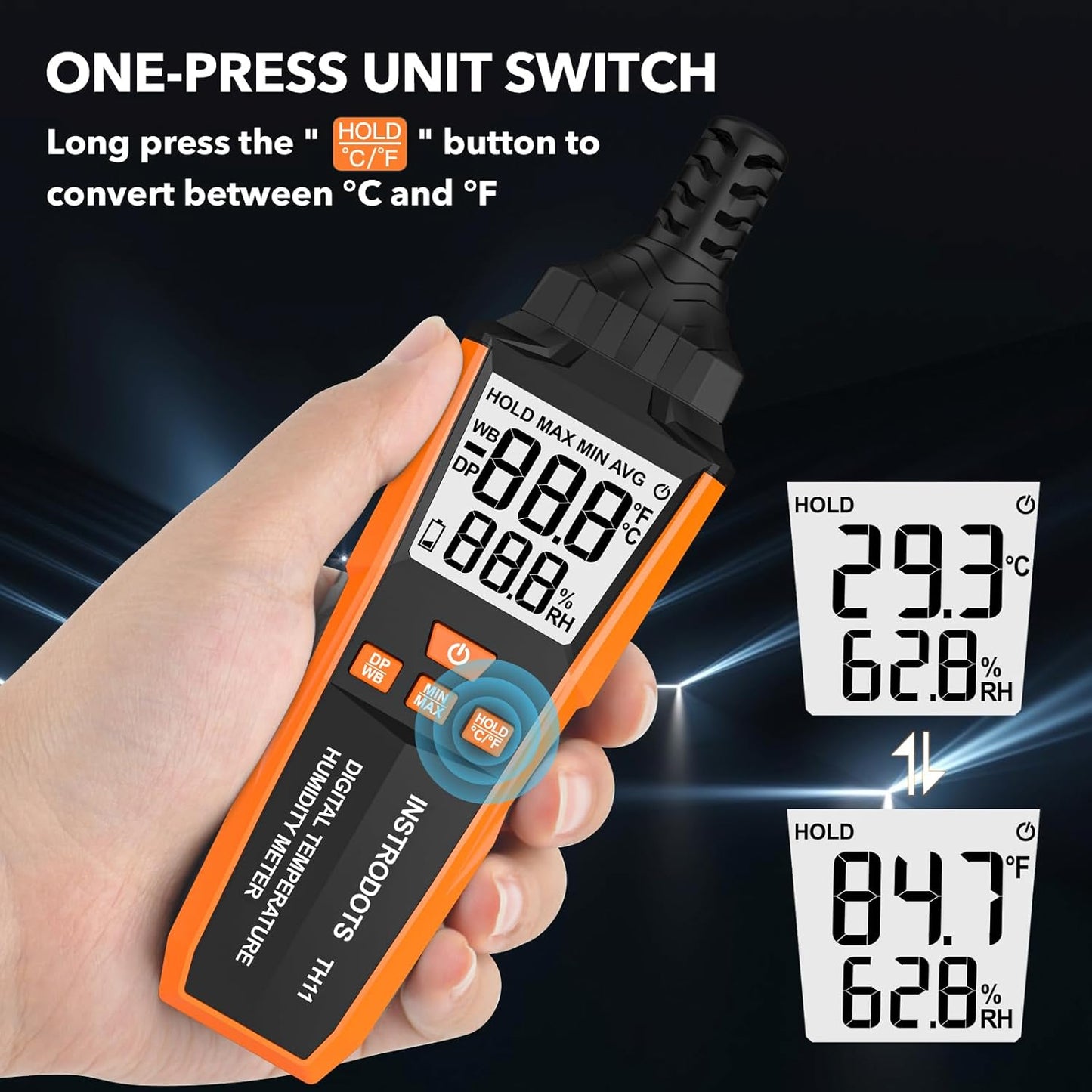 Temperature Humidity Meter, High Precision Digital Hygrometer with Ambient, Dew Point, Wet Bulb Temperature for Indoor Outdoor, Thermometer with Min/Max, Data Hold, LCD Backlight, TH11