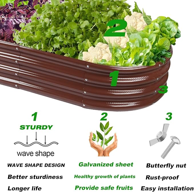 Raised Garden Bed Galvanized Planter Box Outdoor, Rot-Resistant Metal Garden Bed Planter for Vegetables Flower Herb (2- Brown)