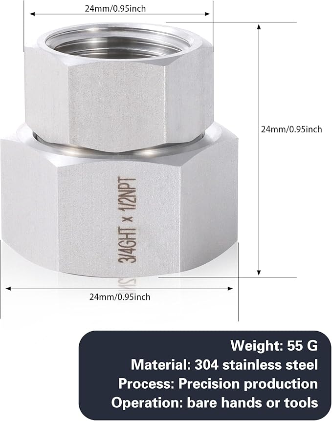 2 Pcs Stainless Steel Garden Hose Fittings Connectors Adapter,3/4" GHT to 1/2" NPT Repair Female to Female Double dual water hose connector, Lead-Free (Pack of 2)