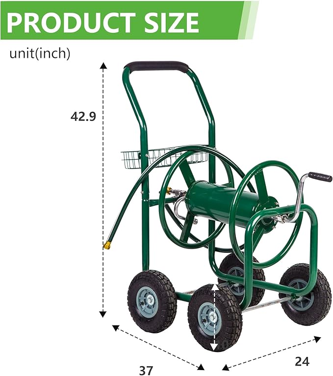 FDW Garden Hose Reel Cart, Water Hose Cart with 4 Wheels, Hold Up to 300 ft of 5/8’’ Hose,Heavy Duty Powder-Coated Steel Planting with Storage Basket, for Garden, Yard and Lawn