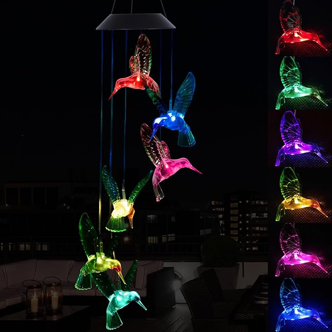Solar Hummingbird Wind Chimes Outdoor Hanging -Waterproof Mobile Romantic Solar Powered Changing Color LED Wind Bells Light, Wind Chimes Gifts for Women, Home, Party, Festival, Night Garden Decoration