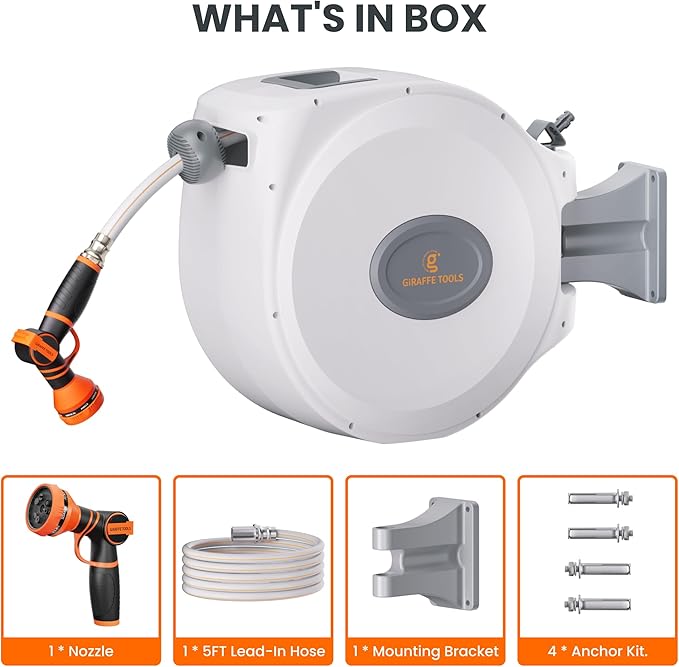 Giraffe Tools CW20 Retractable Garden Hose Reel 5/8" x 60 ft Heavy Duty Water Hose Reel, Swivel Bracket, Any Length Lock, Light Grey