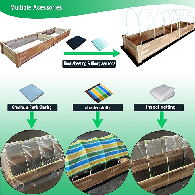 Western Red Cedar Raised Garden Bed (8ft L x 2ft W x 9in H), Wood Planter Box with Multiple Acessories for Growing Herbs, Vegetables, Flowers