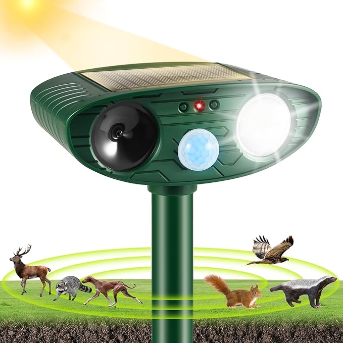 4 Pcs Solar Ultrasonic Animal Repeller Outdoor Cat Repellent Deer Repeller with Strobe Light,Waterproof Animal Deterrent Devices for Rabbit Raccoon Squirrel Dog Coyote Skunk Repellent for Yard Garden