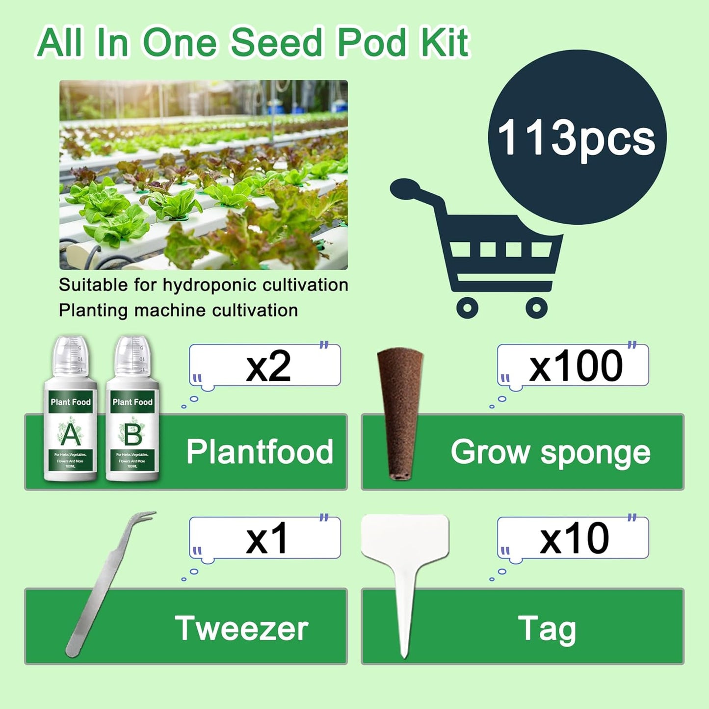 100 Pack Grow Sponges Replacement for Hydroponics Growing System Compatible with AeroGarden, iDOO Seed Pods Kit with A&B Nutrient Plant Food, 10 Plant Labels and 1 Tweezers