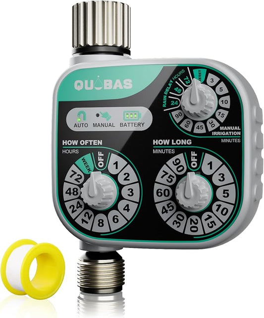 QUOBAS 3-Dial Analog Water Timer, Mechnical Control Automatic Sprinkler Timer with Manual and Rain Delay, for Garden Hose Watering, Drip Irrigation