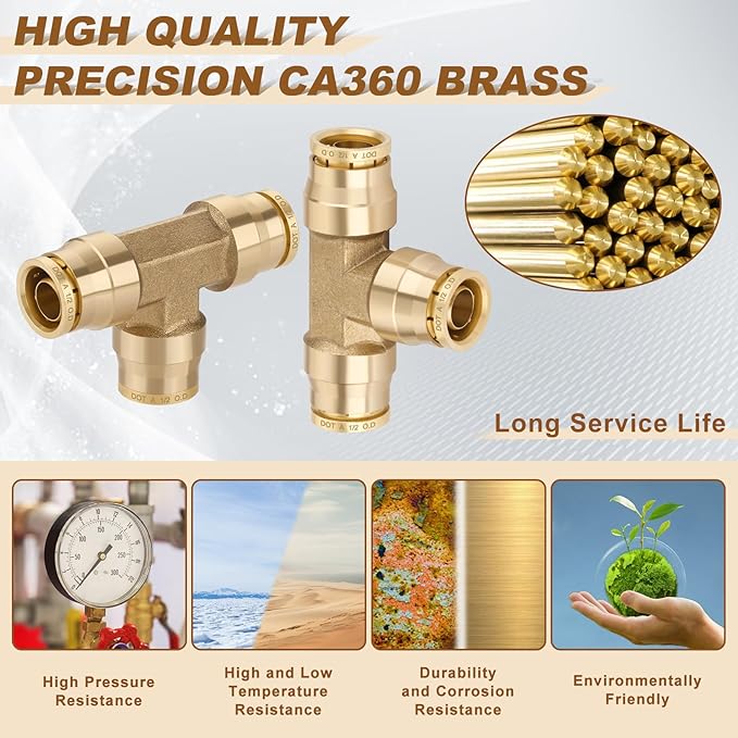 1/2" Quick Push to Connect Fittings Brass Union Tee Shaped Joint DOT Approved 1/2 Inch OD 3 Way Tube Air Line Adapter Air Spring Suspension Kit for Car Truck Trailers and Air Brake System 5pcs