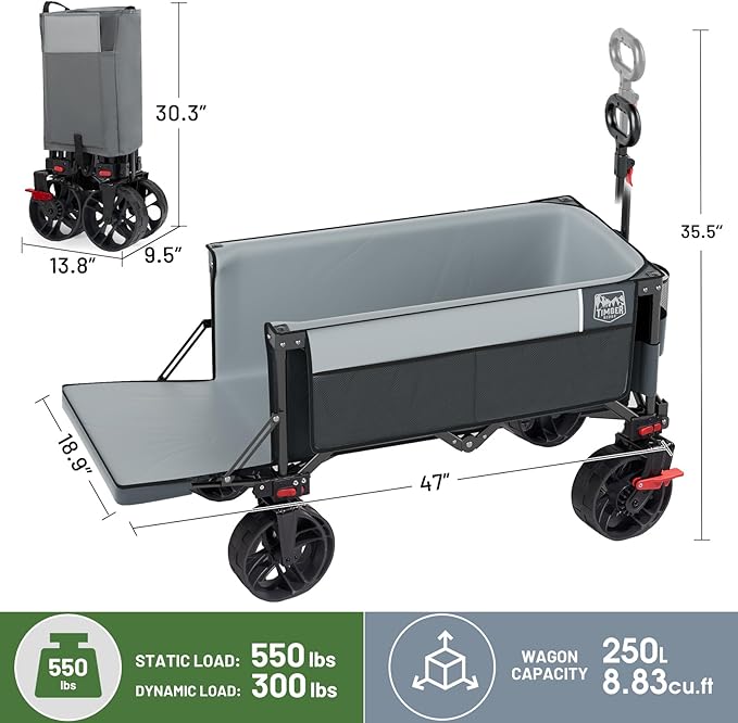 Timber Ridge 47" L Collapsible Folding Wagon with Tailgate, 300lbs Heavy Duty Beach Wagon with All-Terrain Big Wheels, 250L Foldable Utility Cart for Sand Camping Sports Shopping, Grey