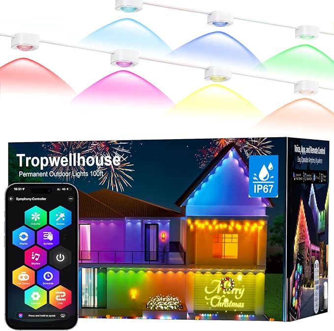 Permanent Outdoor Light Pro, 100ft with 72 RGB+IC LED Lights, 90 Scene Modes, AI Light Design, IP67 Waterproof for Halloween Christmas Decor and Daily Lighting, Work with Alexa, Google