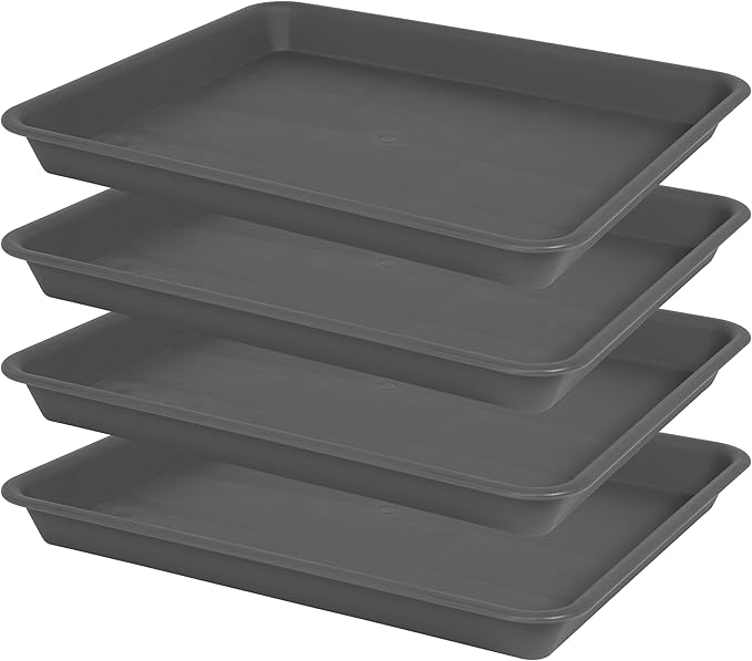 4 Pack Plant Saucer Tray Rectangular, Plant Saucers for Indoors, Heavy Sturdy Plastic Plant Drainage Trays, Plant Drip Trays for Pots, Seed Starter Growing Tray (11 x 9 inch, Gray)