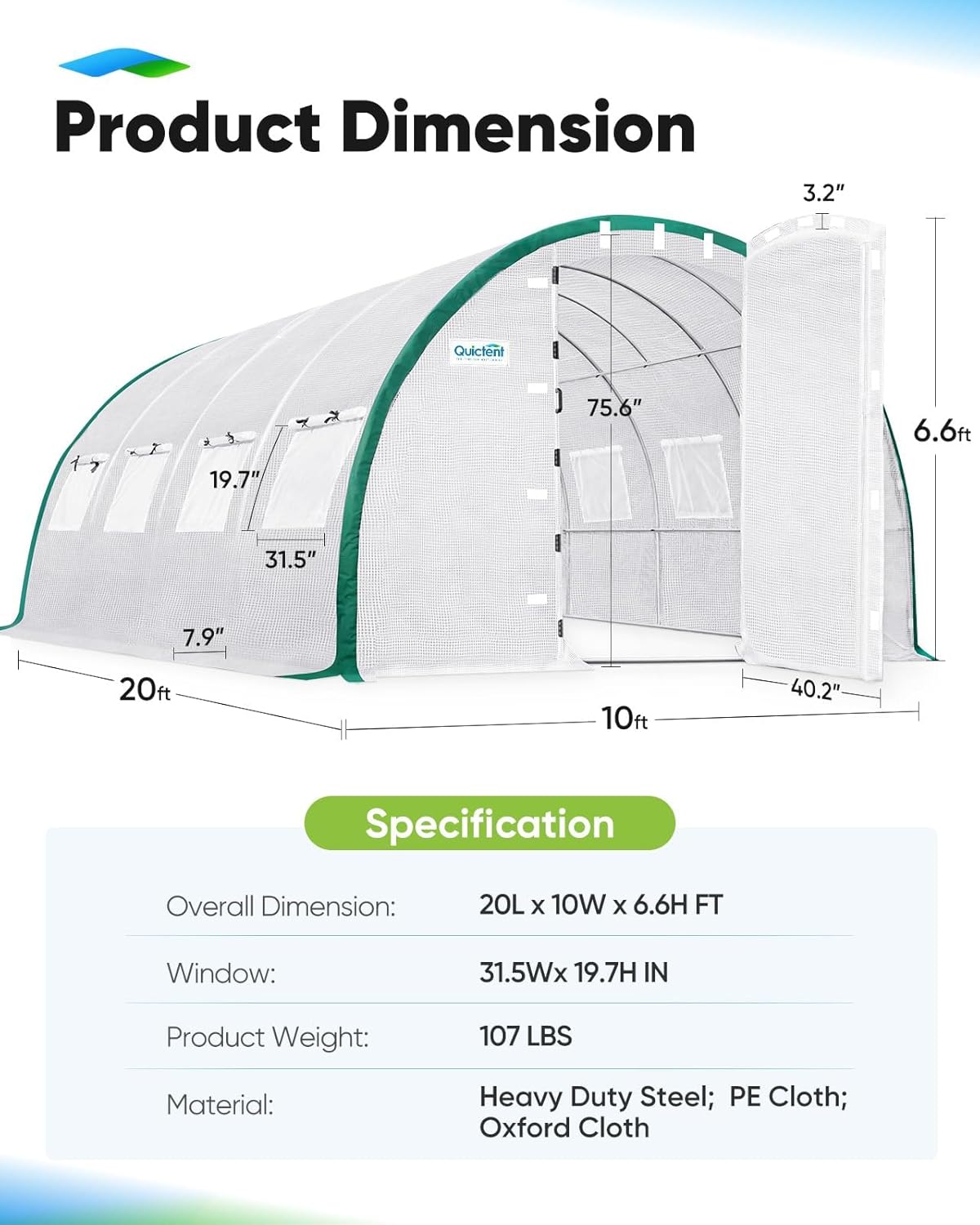 Quictent Premium Greenhouse Swing Door Large Walk-in Green Houses for Outdoors, Upgraded Tunnel Hoop House Frame and Cover for Outside Garden Plant, 2 Swing Door 8 Screen Window, 20x10x6.6 FT, White