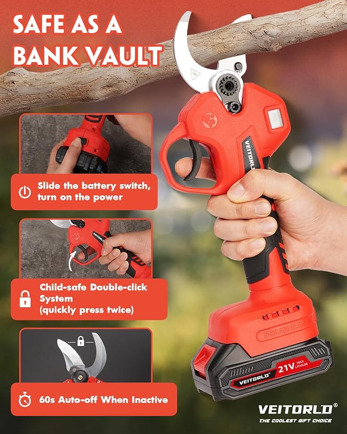 VEITORLD Electric Pruning Shears, Upgraded 1.6" Cutting Diameter Cordless Pruner with Brushless Motor, 2 * 2000mAh Rechargeable Batteries & SK5 Blade, Effortless Garden Pruning Tool for Tree Branches