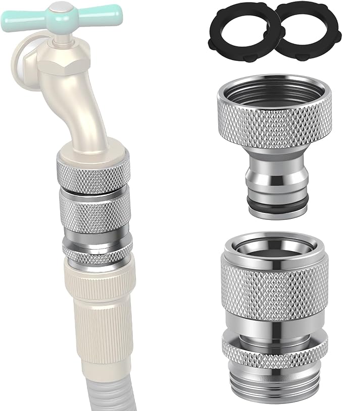 Hibbent Garden Hose Quick Connector, Solid Brass 3/4 Inch GHT Thread Faucet Hose Quick Connect Fitting, Female and Male Adapter