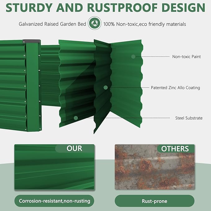 FOOWIN 2pcs 6x3x2ft Galvanized Raised Garden Bed, Planter Raised Garden Boxes Outdoor, Large Metal Raised Beds for Gardening, Garden Bed for Vegetables, Flowers, Herb,269 Gallon Capacity, Green