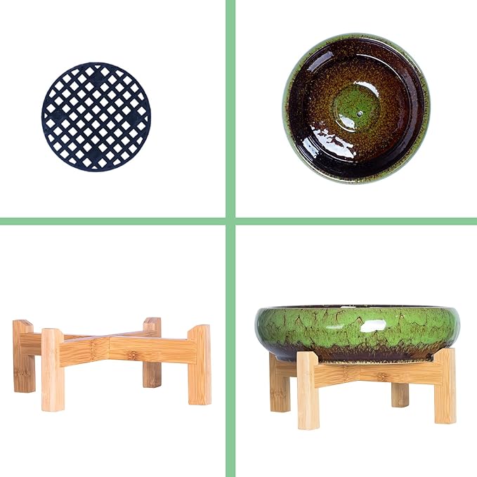 ARTKETTY Succulent Pot, 10 Inch Large Succulent Planter Pot with Stand, Ceramic Bonsai Pot with Mess Drainage Screen Shallow Cactus Flower Pot for Indoor/Outdoor Plants