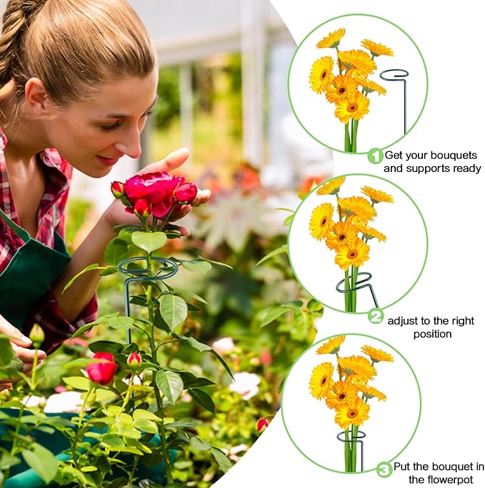 HiGift 10 Pack 17 inches Plant Support Plant Stakes with 20 Pcs Plant Clips, Metal Garden Single Stem Flower Support Stick Plant Cage Support Ring for Amaryllis Orchid Peony Rose Tomato