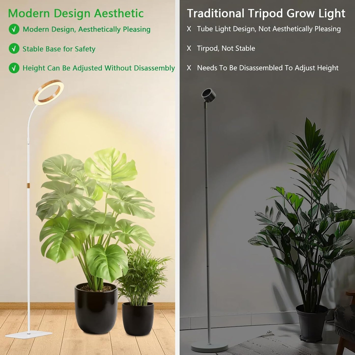 Full Spectrum Grow Light with Stand for Indoor Plants, Floor Plant Light, 6/12/18H Timer, 3 Color Modes, Adjustable Height 16.5–68in, for Large Plants & Home Décor(1 Head,Faux Wood Grain)