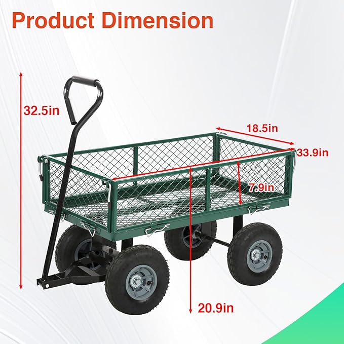 FDW Garden Cart Streel Heavy Duty 500 LBS Capacity,Utility Cart Wagon with Removable Sides and 180°Rotating Handle for Yard, Lawn and Garden Hauler (Dark Green)