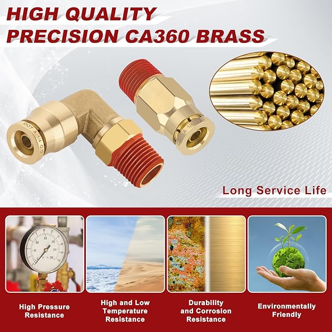 1/4” Quick Push to Connect Fittings Brass Male Straight and Elbow Combination DOT Approved 1/4" Tube OD x 1/8" NPT Thread Air Brake Line Adapter Air Suspension Kit Air Hose Repair Kit 30pcs