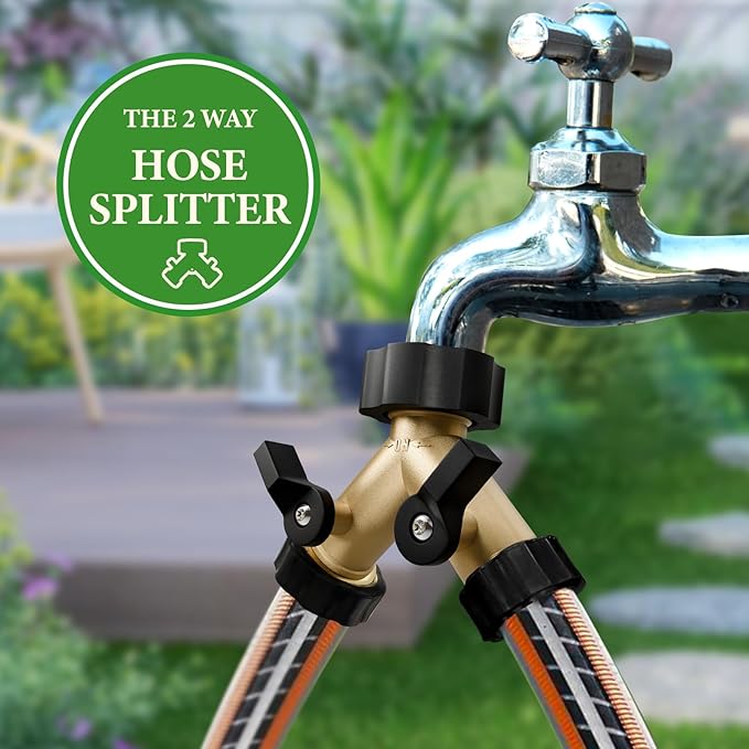 Garden Hose Splitter 2 Valves, Heavy Duty Solid Brass Hose with 2 Extra Rubber Washers, Y Connector Brass Garden Hose Adapter, Water Hose Splitter, Hose Spigot, Zero Leaks & Accessories