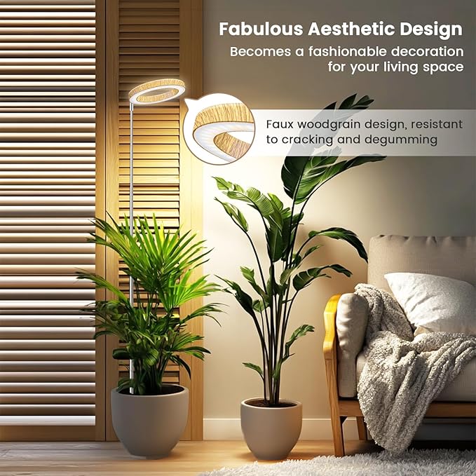 Grow Lights for Indoor Plants, Full Spectrum Plant Lights for Indoor Growing with 6/12/16H Timer, 3 Color Modes, 5 Brightness, 10"-65" Height Adjustable Wood Grain Plant Growing Lamp