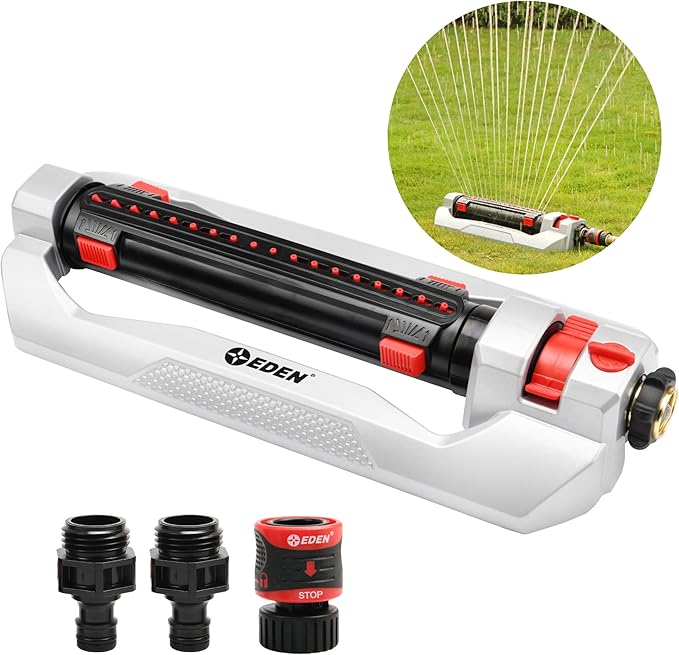 Eden 94095 Heavy Duty Turbo Oscillating Sprinkler, Covers Up to 4,000 sq. ft., 18 Precision Nozzles, Weighted Aluminum Base, Adjustable Range, Flow Control, Width Adjustment Tabs, Quick Connect Bundle
