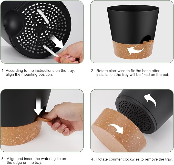 10-Inch Plant Pots, Self-Watering Planters with Drainage Holes & Saucers for Indoor and Outdoor Plants (2-Pack, Black)