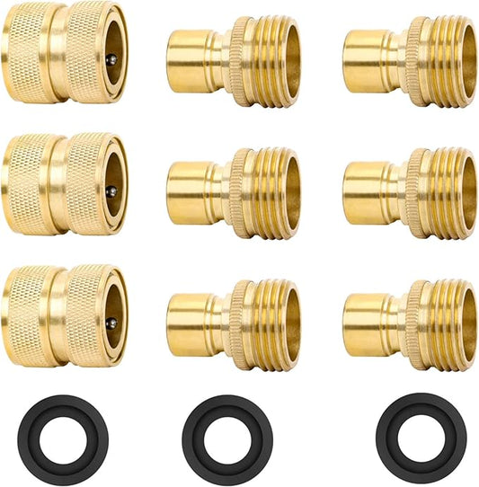 STYDDI Brass Full Flow Garden Hose Quick Connect Fittings, Full Port Solid Brass Outdoor Water Hose Quick Disconnect Connector Coupler with Male and Female - 6 Male and 3 Female