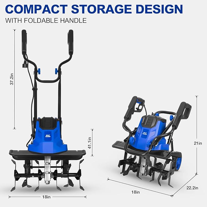 BILT HARD 14-Amp 18-Inch Electric Tiller Cultivator, 8'' Tilling Depth Corded Garden Rototiller, 6 Steel Front Tines Roto Tillers with Adjustable Wheels & Foldable Handle for Garden Lawn Soil Digging