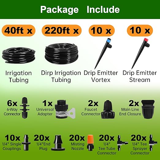 260 FT Drip Irrigation System Kit, Automatic Garden Watering System with 1/2" & 1/4" Tube for Greenhouse, Lawn, Raised Bed, Micro Misting Plant Sprinkler System, Adjustable Drip Emitters