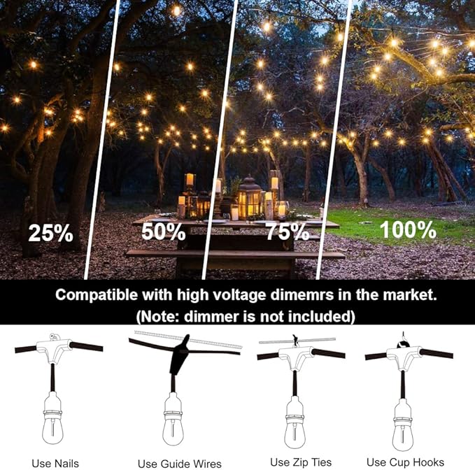 Outdoor String Lights LED 100FT Commercial Grade Heavy Duty Light String Lights with 30 Sockets 32 Shatterproof Plastic Bulbs Include 2 Spare S14 Dimmable Edison Bulbs Patio Market Cafe Light