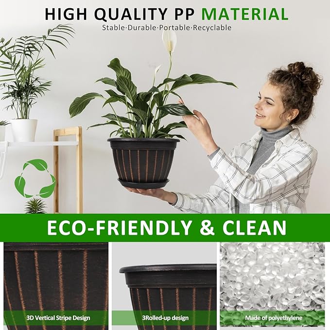 FGstyle 4 Pack Flower Pots,8 Inch Plants Pot,Planters Pot with Drainage Hole & Saucer,Modern Planters for Indoor Outdoor Plants,Decorative Resin Garden Pots for Outdoor Indoor Home Plants (Black)