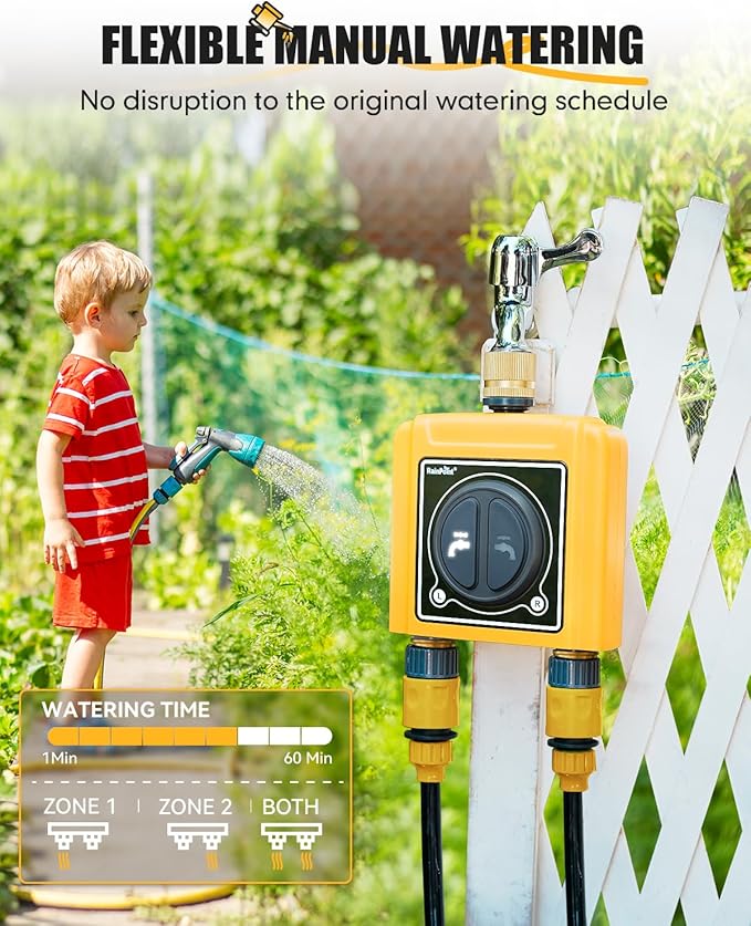 RAINPOINT WiFi Water Timer with Brass Inlet & Outlet,2 Zone WiFi Hose Timer for Lawn,WiFi Sprinkler Controller via APP/Voice Control,Automatic Watering System by Time/Weather/Quantity/Soil Moisture