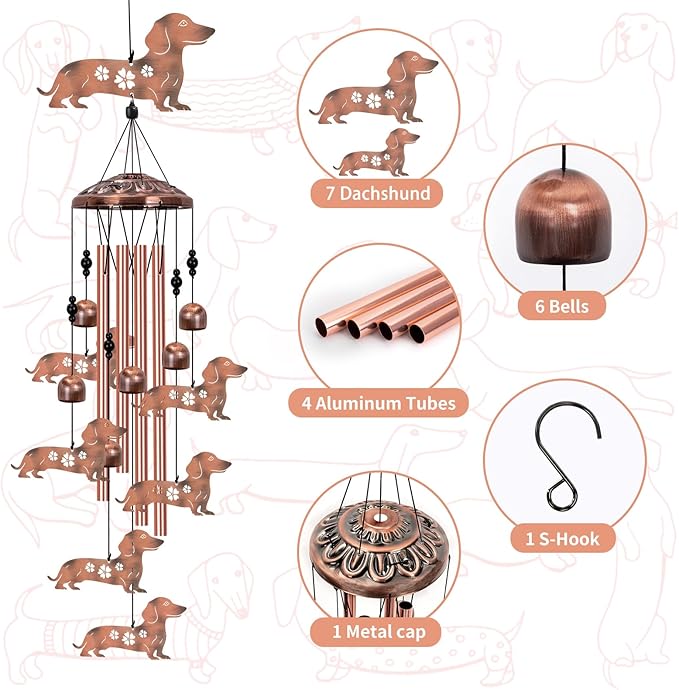 Dachshund Dog Wind Chimes for Outside, Dachshund Gifts for Women, Memorial Dog Wind Chime, Large Dachshund Decor for Dog Lovers, 40" Outdoor Garden Decor for Lawn, Porch, Patio, Yard