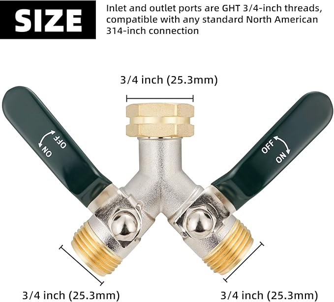 Hose Splitter 2 Way, Brass High Flow Garden Hose Splitter Heavy Duty, Hose Connector, Water Spigot Splitter, Full Flow Faucet Splitters with shutoff, 3/4” GHT Inlet