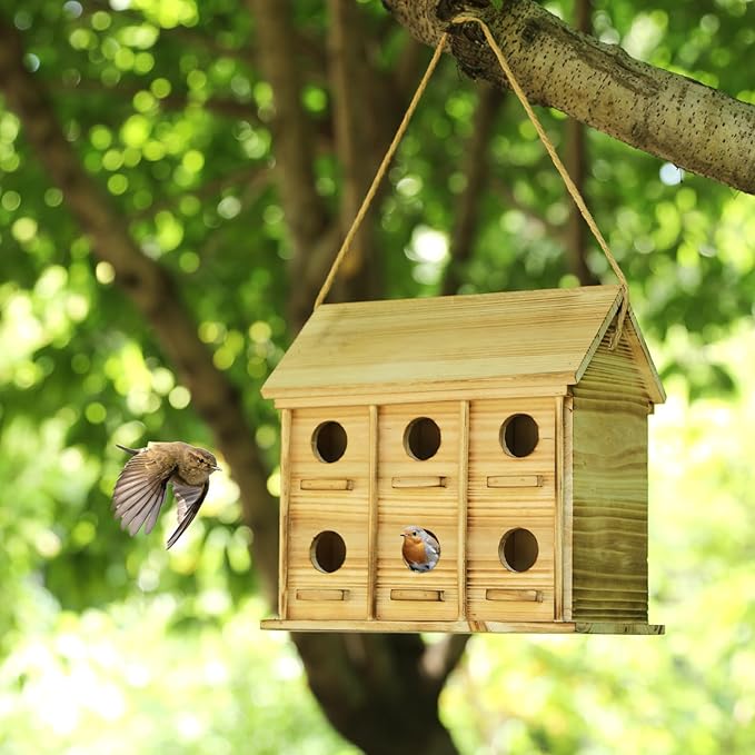 Bird Houses for Outside - Large Bird House for 12 Bird Families Outdoor Bird House for Bluebird Finch Cardinals Bird Houses for Outdoor Hanging Birdhouse for Garden (Wood, Set of 1)