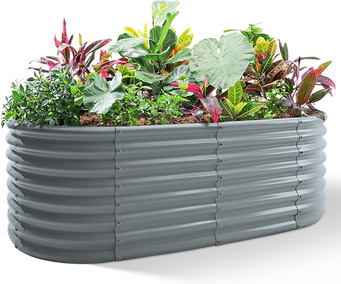 Land Guard 24“ Tall 4×2ft Galvanized Raised Garden Bed Kit, Galvanized Planter Garden Boxes Outdoor, Oval Large Metal Raised Garden Bed for Vegetables(Modern Gray, 4×2×2ft)