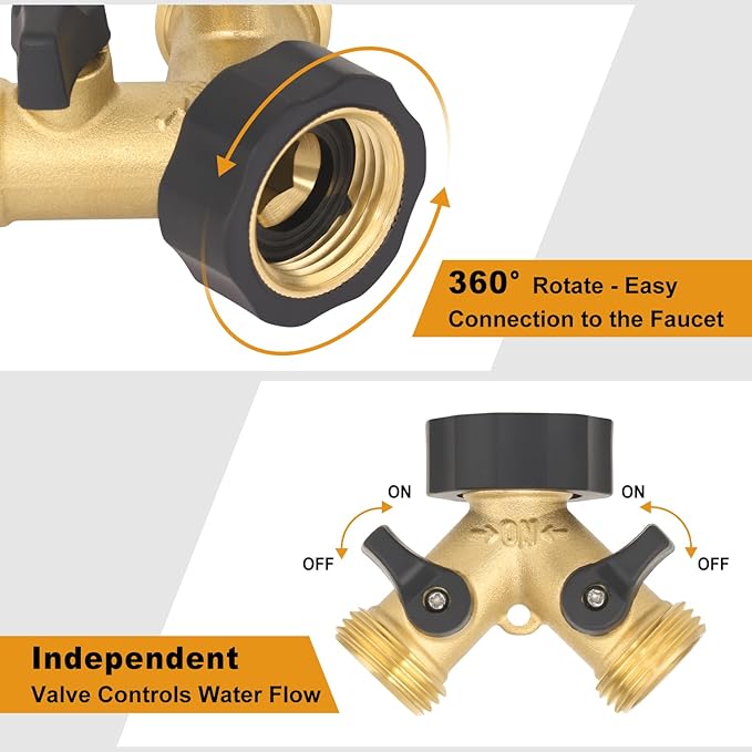 Brass Garden Hose Splitter 2 Way, All Body Metal Heavy Duty Water Splitter Y Way with 2 Hose Protectors Kink Free Hose Extension 10 Rubber Washers