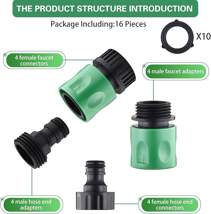 16 Pieces Garden Hose Quick Connect Fittings 3/4 Inch Plastic Water Hose Quick Connect Male and Female Water Hose End Adapters with 10 Pieces Rubber Washer(Green)