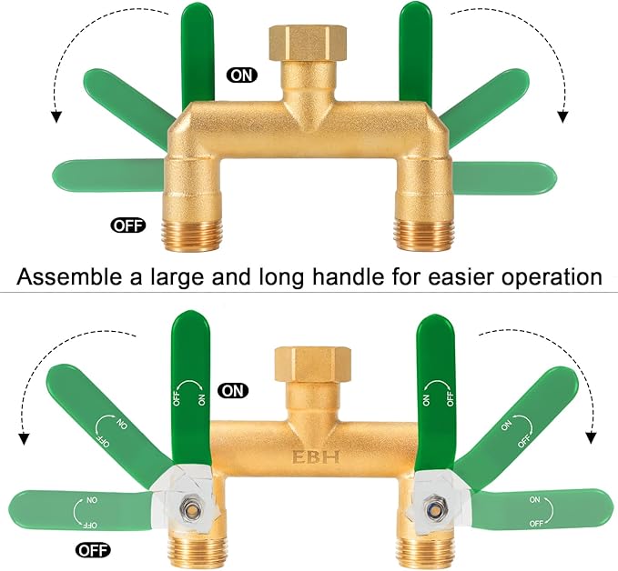 EBH Garden Hose Splitter, 2-Way High Flow Heavy Duty Brass Outdoor Hose Manifold with Extra Long Handles Full Flow Faucet Adapter- 3/4” GHT(Green)