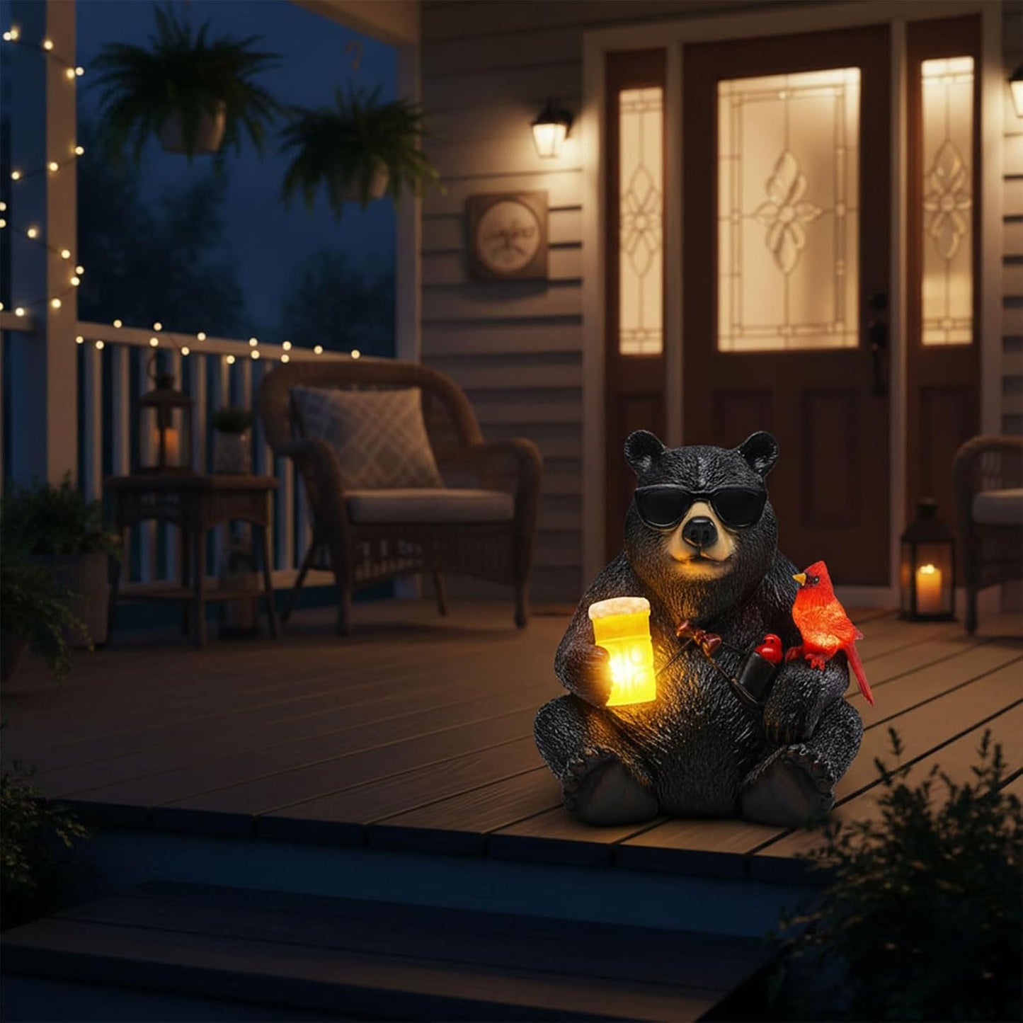 Solar Black Bear Statue for Garden with Beer and Cardinals 6.3" Resin Garden Statues for Outside Yard Paito Porch Decor Birthday Gardening Gifts for Women Mother Sister Grandmother Wife