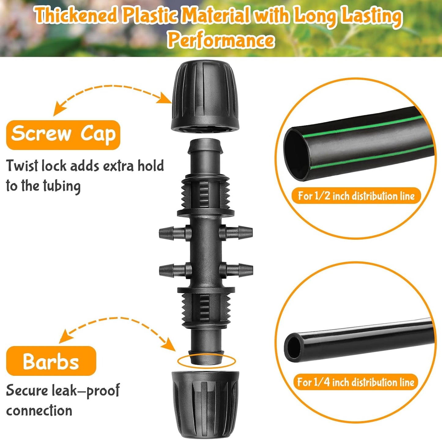 Drip Irrigation Fittings for 1/2 Inch to 1/4 Inch Tubing Reducing Tee:1/2" (1/2" ID x 0.65" OD) to 1/4" Anti-Drop Locked Nut Barbed Reducer 6 Way Tee Connectors (12 Pack)