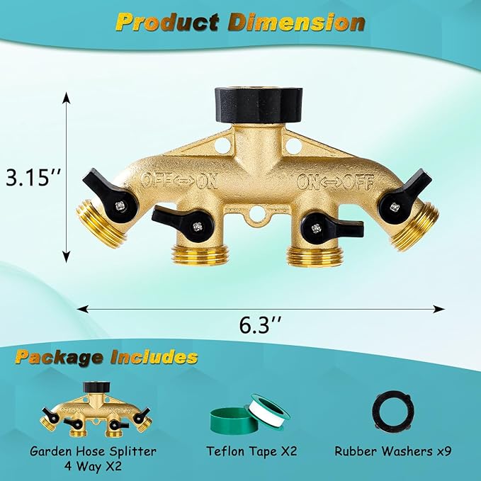 Dalmbox Garden Hose Splitter 4 Way, Water Hose Splitter, 3/4" Heavy-Duty Brass Garden Hose Splitter, Includes 9 Rubber Washers & Teflon Tape(2 pack)