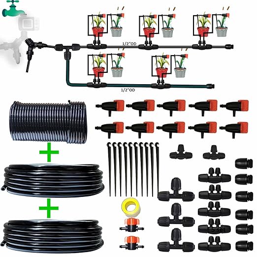 Drip Irrigation System Drip Irrigation Kit 64ft 5/16โID Inche 64FT 1/4 Inch OD Pipe Kits Solutions for Large Gardens with Low Water Pressure Away from The Water Source